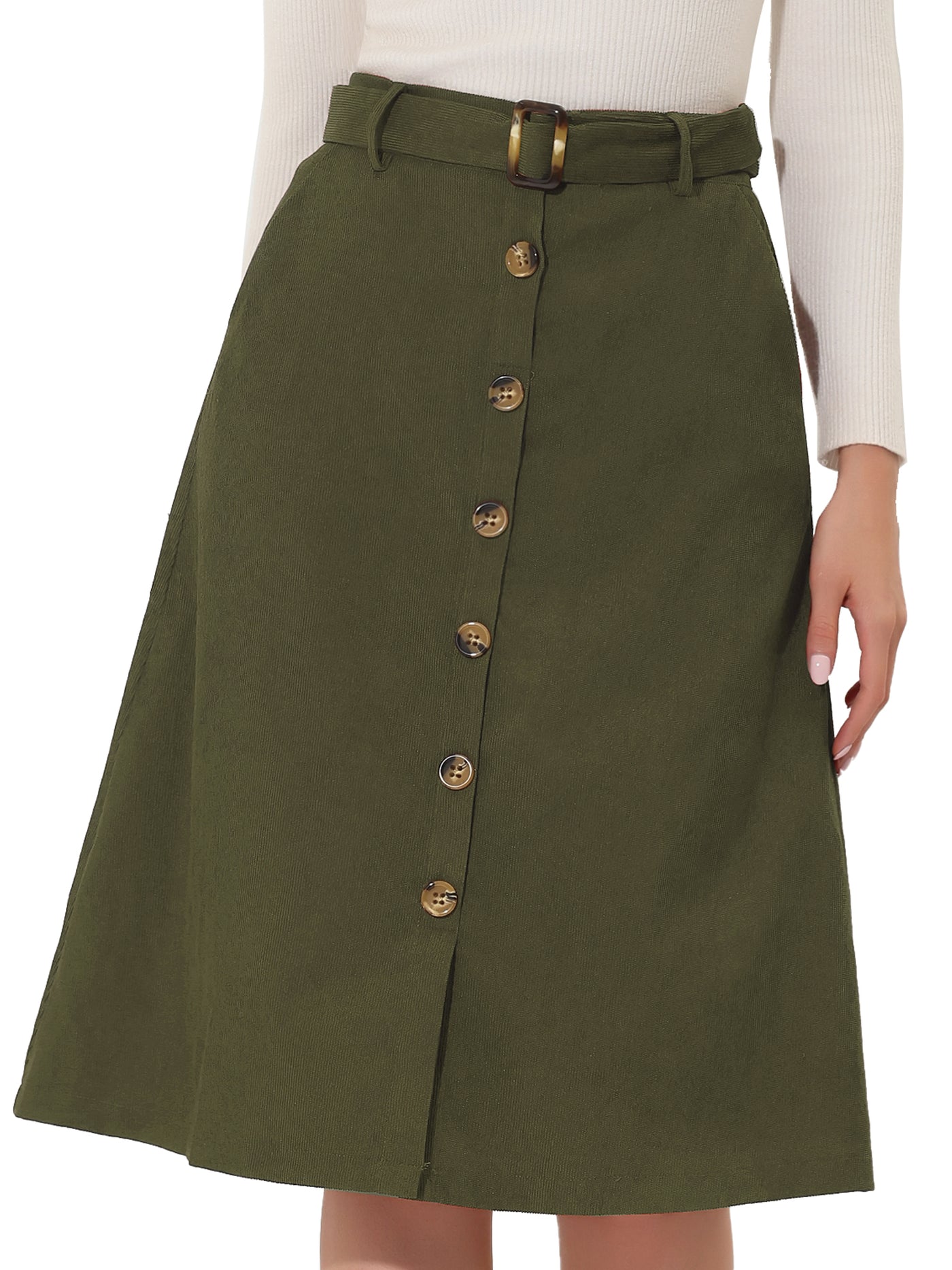 Allegra K High Waist Button Front Belted Corduroy A-Line Midi Skirt