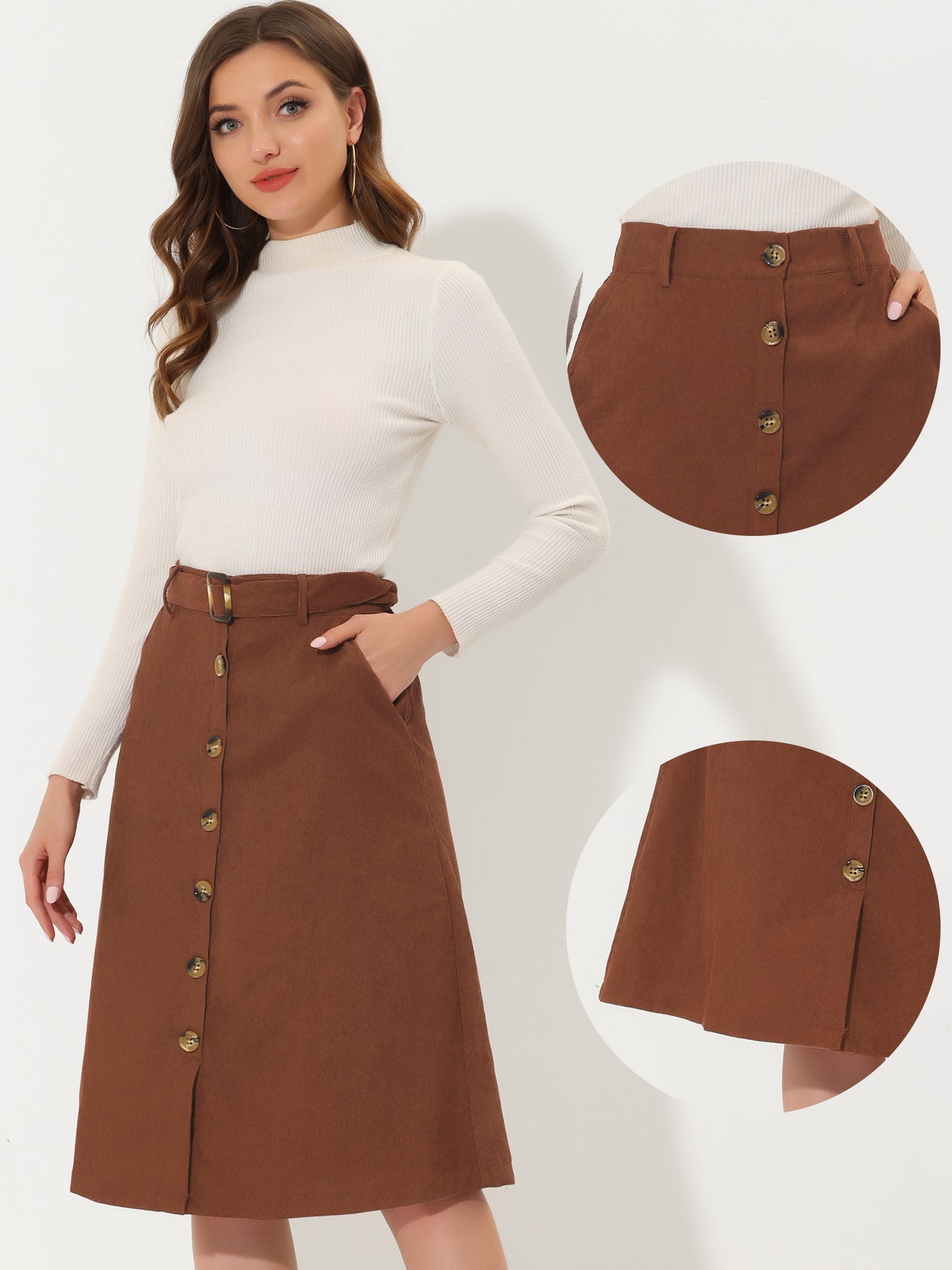 Allegra K High Waist Button Front A-Line Belted Corduroy Midi Skirt