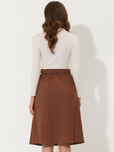 High Waist Button Front A-Line Belted Corduroy Midi Skirt