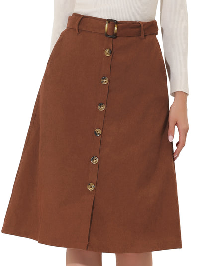 High Waist Button Front A-Line Belted Corduroy Midi Skirt