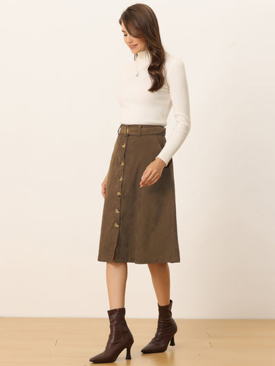 High Waist Button Front Belted Corduroy A-Line Midi Skirt