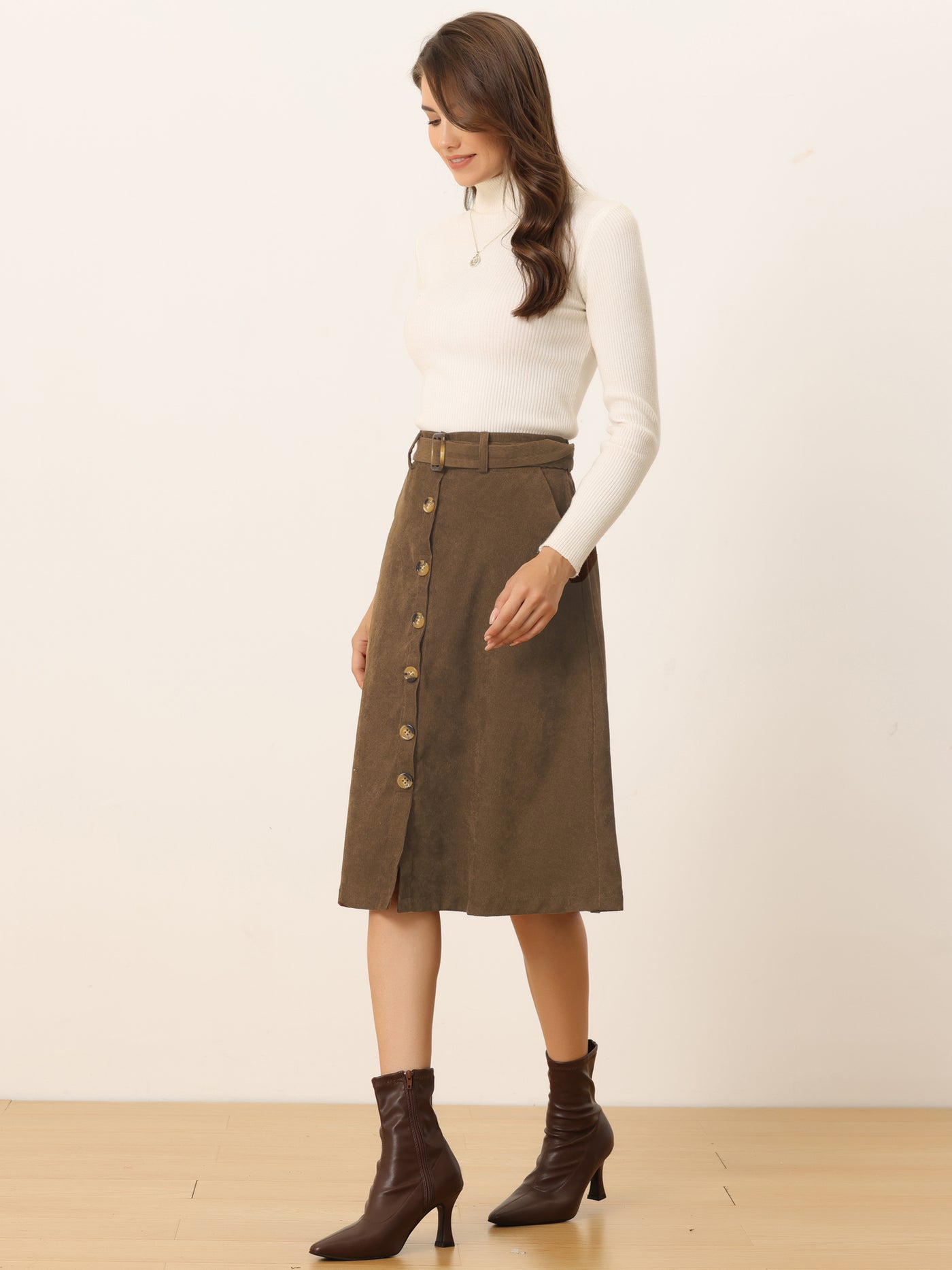 Allegra K High Waist Button Front Belted Corduroy A-Line Midi Skirt