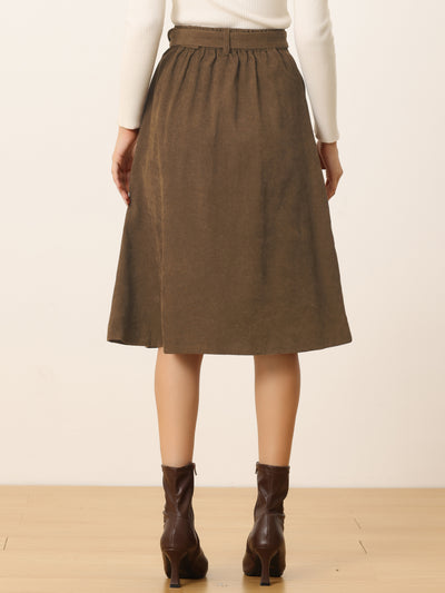 High Waist Button Front Belted Corduroy A-Line Midi Skirt