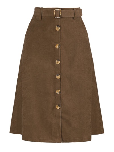 High Waist Button Front Belted Corduroy A-Line Midi Skirt