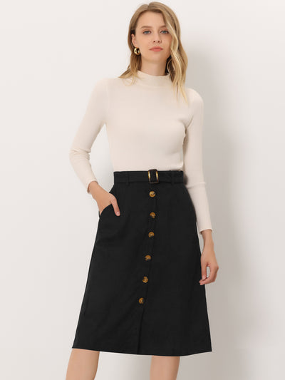 High Waist Button Front Belted Corduroy A-Line Midi Skirt