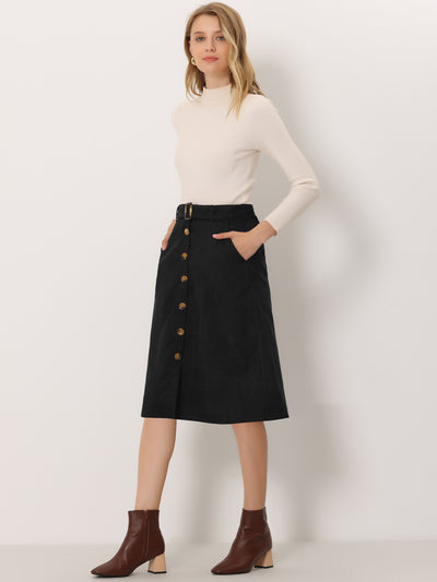 High Waist Button Front Belted Corduroy A-Line Midi Skirt