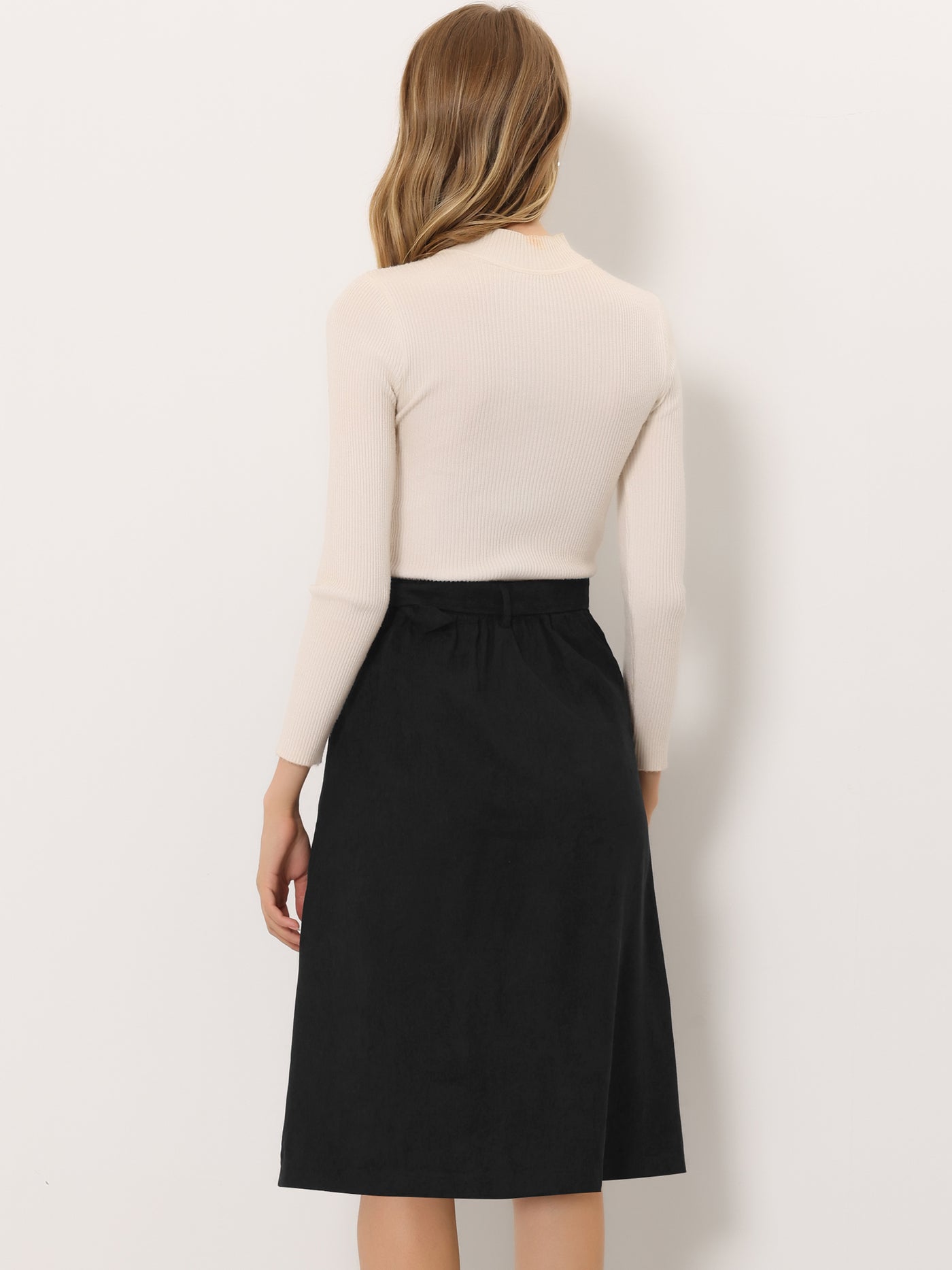 Allegra K High Waist Button Front Belted Corduroy A-Line Midi Skirt