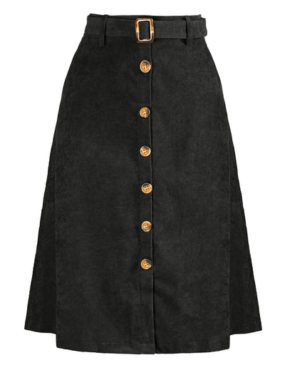 High Waist Button Front Belted Corduroy A-Line Midi Skirt