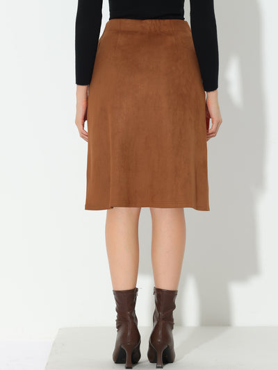 High Waist Faux Suede Knee Length A-Line Skirt