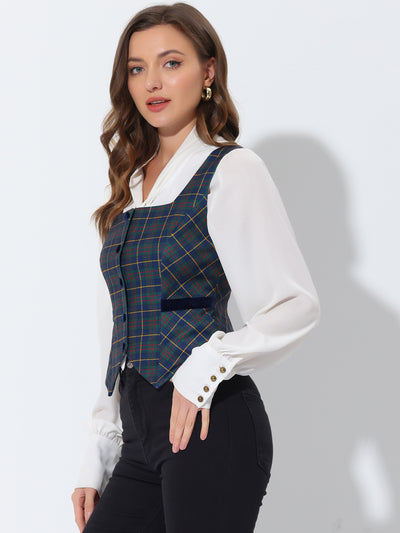 Square Neck Single Breasted Sleeveless Vintage Plaid Waistcoat Vest