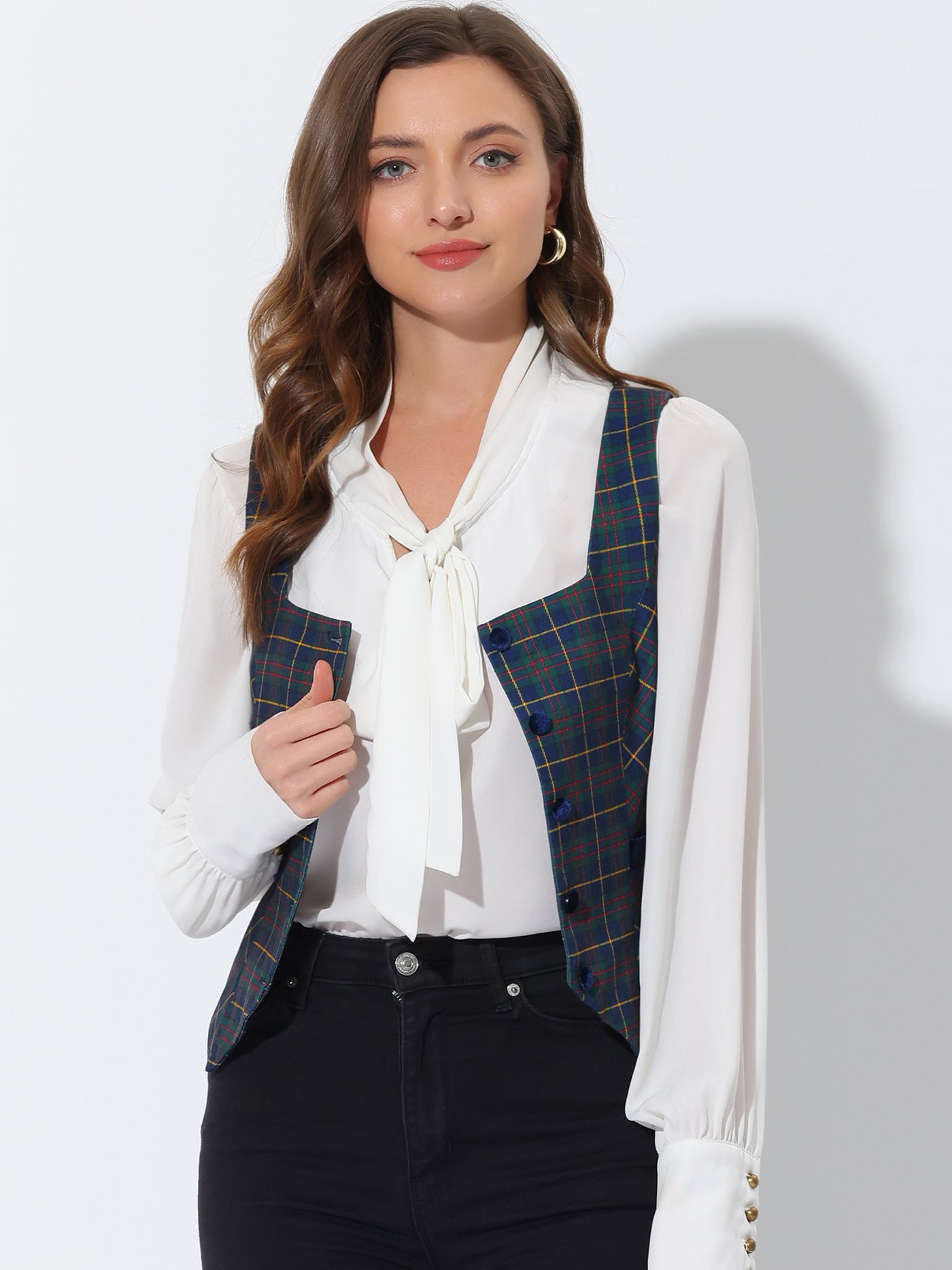 Allegra K Square Neck Single Breasted Sleeveless Vintage Plaid Waistcoat Vest