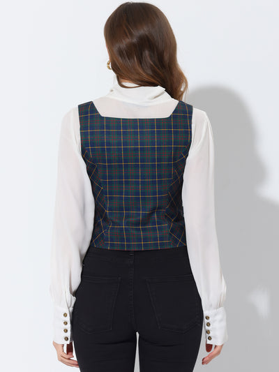 Square Neck Single Breasted Sleeveless Vintage Plaid Waistcoat Vest