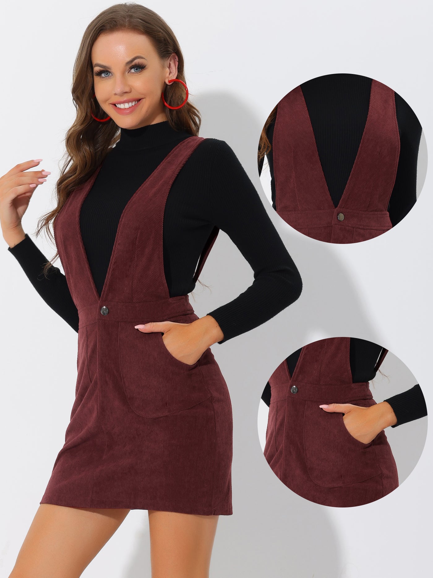 Allegra K Corduroy Overall V Neck Strap Mini Pinafore Dress