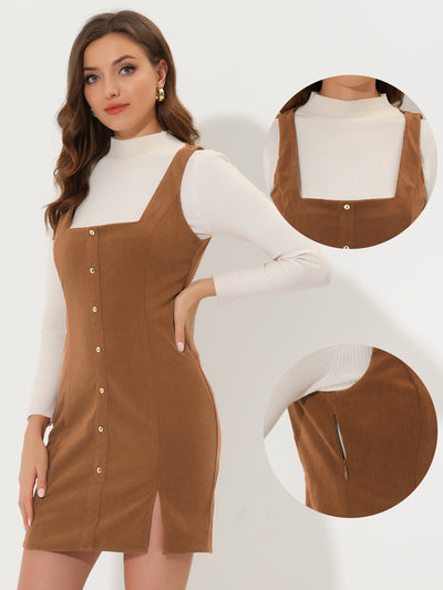 Corduroy Square Neck Pinefore Buttons Split Overall Dress