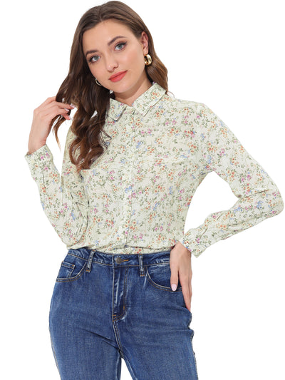 Button Down Floral Long Sleeve Point Collar Blouse