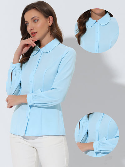 Button Up Peter Pan Collar Long Bishop Sleeve Blouse