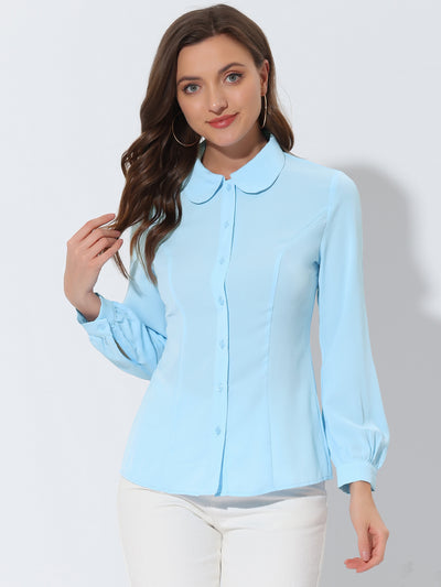 Button Up Peter Pan Collar Long Bishop Sleeve Blouse