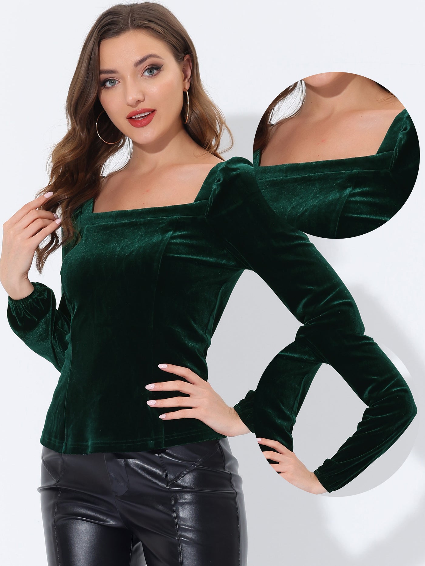 Allegra K Velvet Top Long Sleeve Sexy Square Neck Shirt