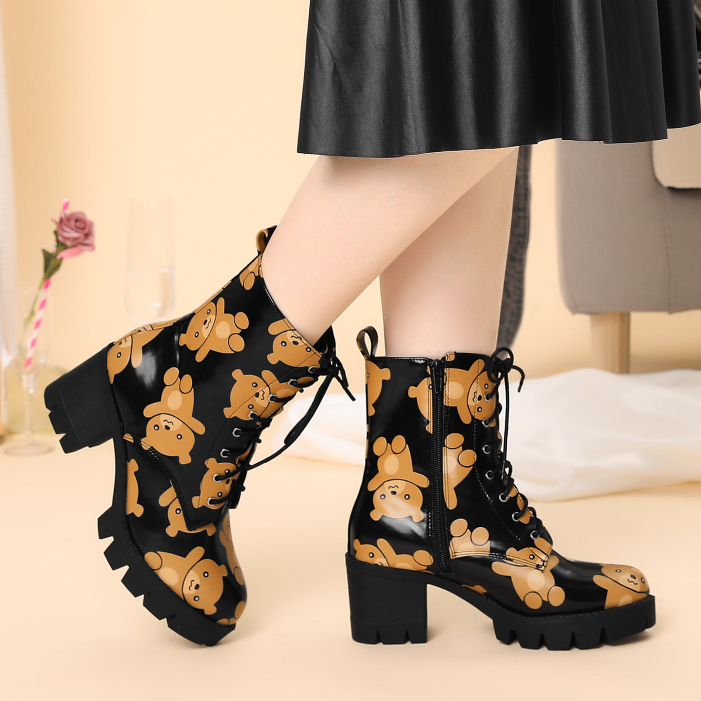 Allegra K Printed Platform Round Toe Lace Up Chunky Heel Combat Boots