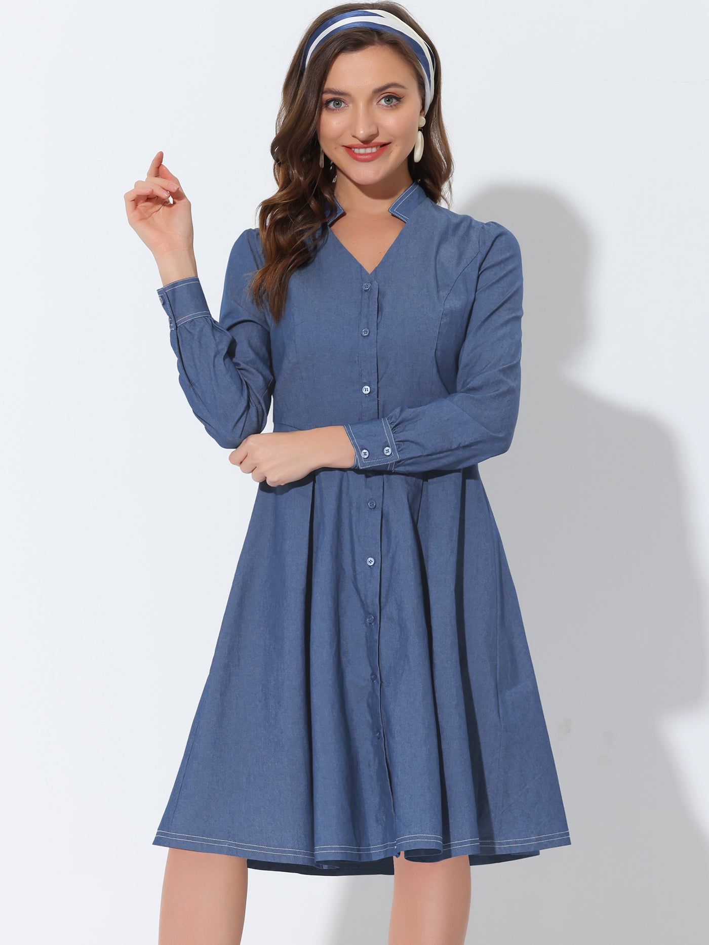 Allegra K Vintage V Neck Stand Collar Pleated Long Sleeve Chambray Dress