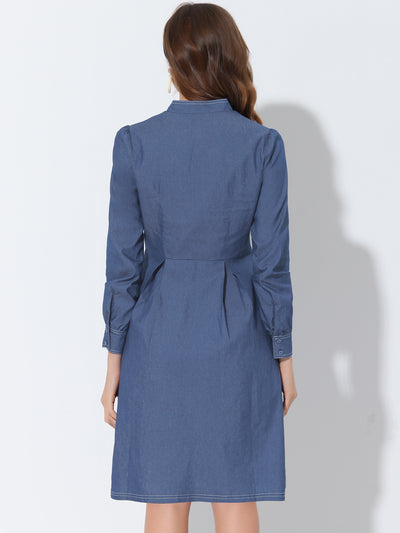 Vintage V Neck Stand Collar Pleated Long Sleeve Chambray Dress