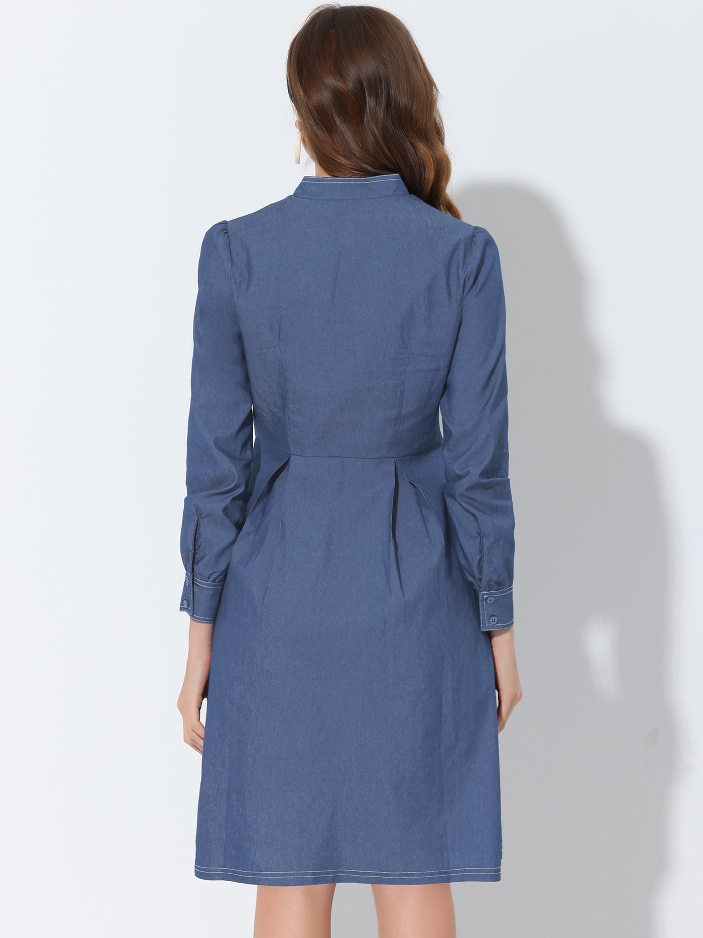 Allegra K Vintage V Neck Stand Collar Pleated Long Sleeve Chambray Dress
