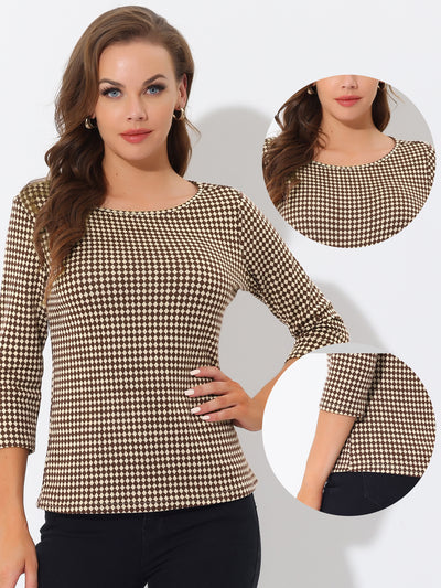 Work Office 3/4 Sleeve Boat Neck Houndstooth Printed Top Blouse