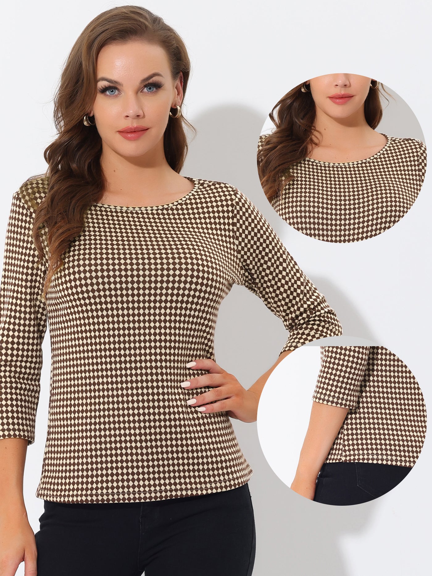 Allegra K Work Office 3/4 Sleeve Boat Neck Houndstooth Printed Top Blouse