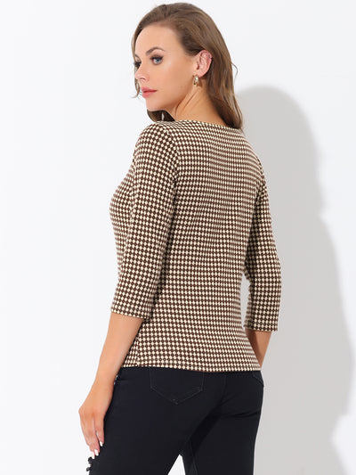 Work Office 3/4 Sleeve Boat Neck Houndstooth Printed Top Blouse