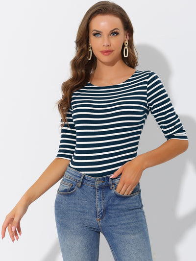 Allegra K Casual Striped Elbow Sleeve Basic Boat Neck T-shirt