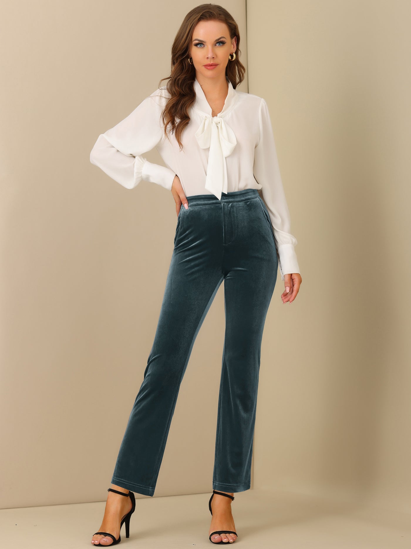 Allegra K Elegant Straight Leg Velvet High Waist Ankle Pants