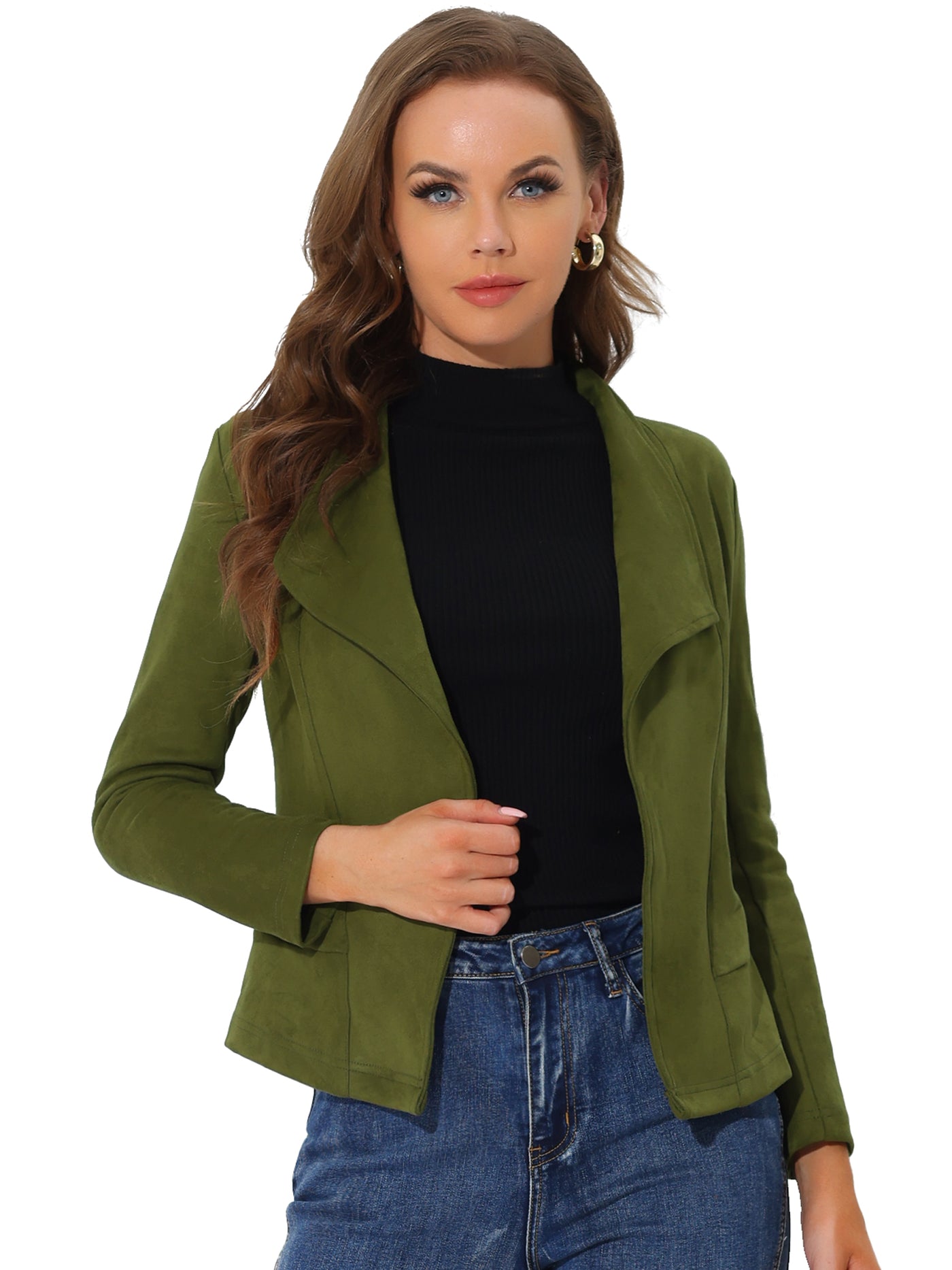 Allegra K Faux Suede Jacket Open Front Lapel Draped Outwear Cardigan