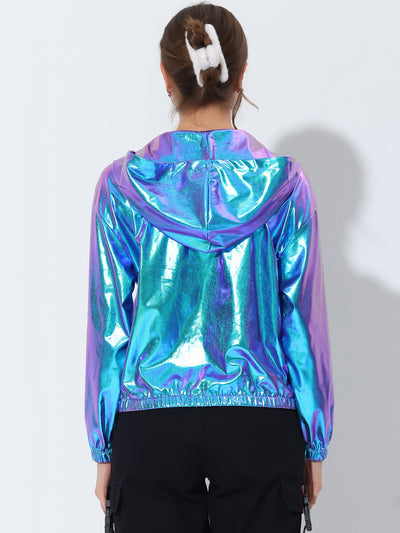 Holographic Hooded Long Sleeve Zipper Metallic Jacket