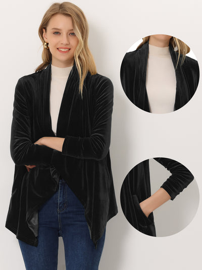 Shawl Collar Pocket Open Front Velvet Cardigan