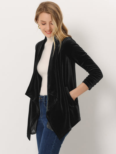 Shawl Collar Pocket Open Front Velvet Cardigan