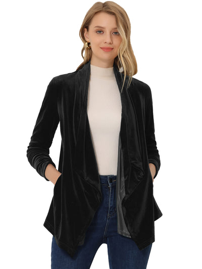 Shawl Collar Pocket Open Front Velvet Cardigan