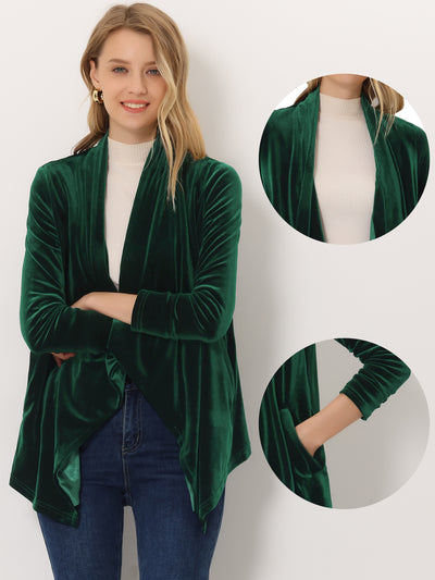 Shawl Collar Pocket Open Front Velvet Cardigan