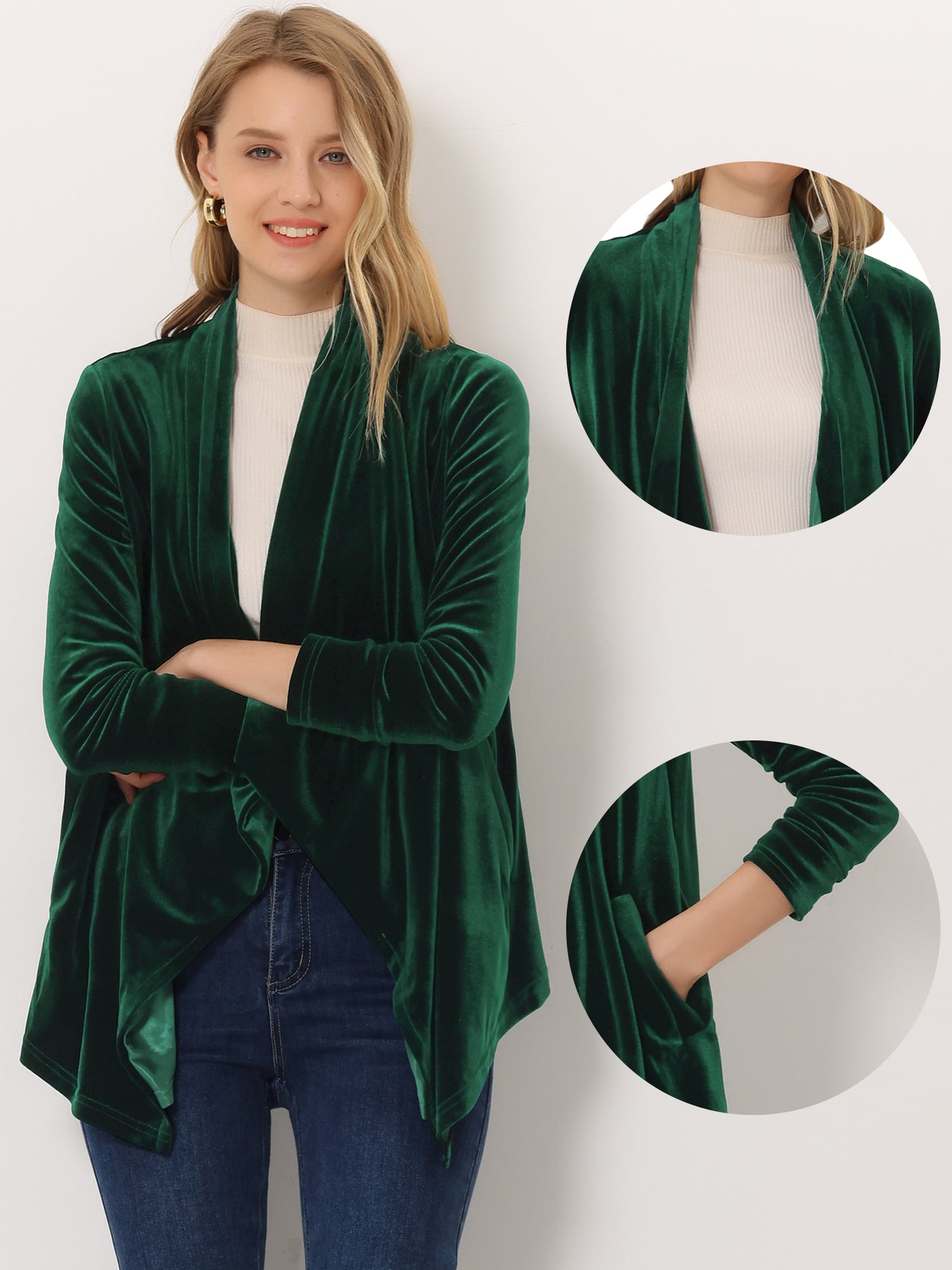 Allegra K Shawl Collar Pocket Open Front Velvet Cardigan