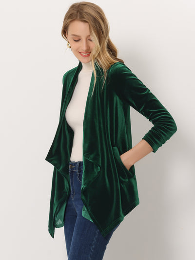 Shawl Collar Pocket Open Front Velvet Cardigan