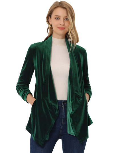 Shawl Collar Pocket Open Front Velvet Cardigan