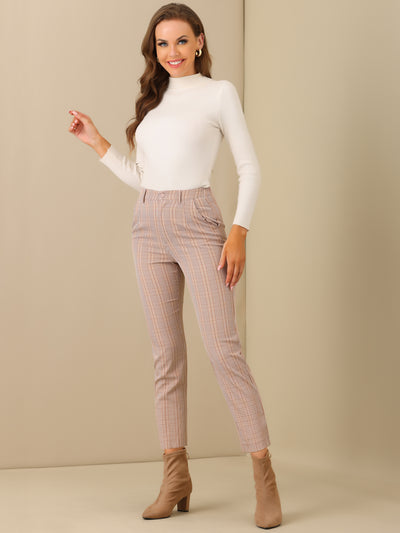 Plaid High Waist Elastic Back Office Work Ankle Pants