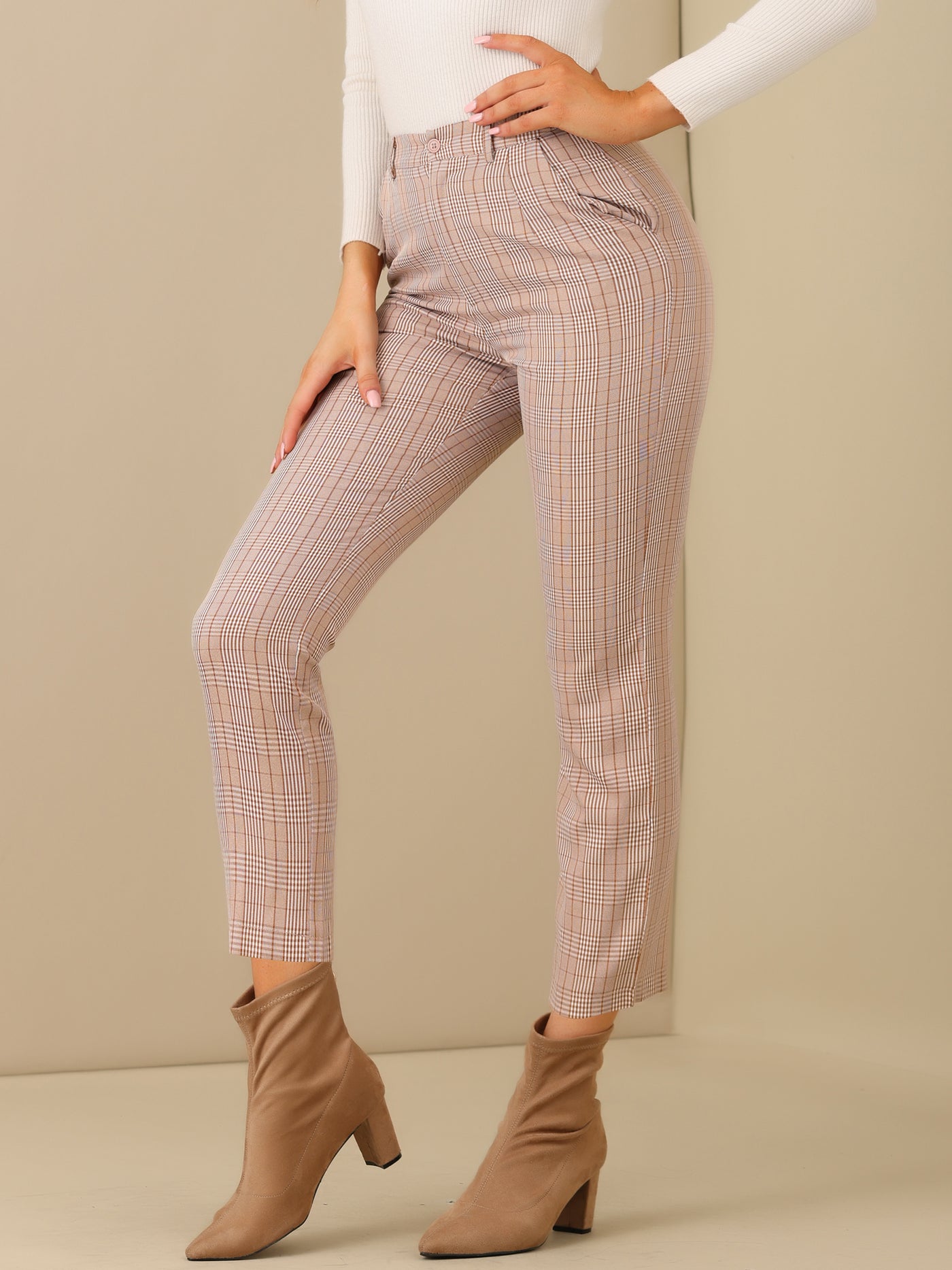 Allegra K Plaid High Waist Elastic Back Office Work Ankle Pants