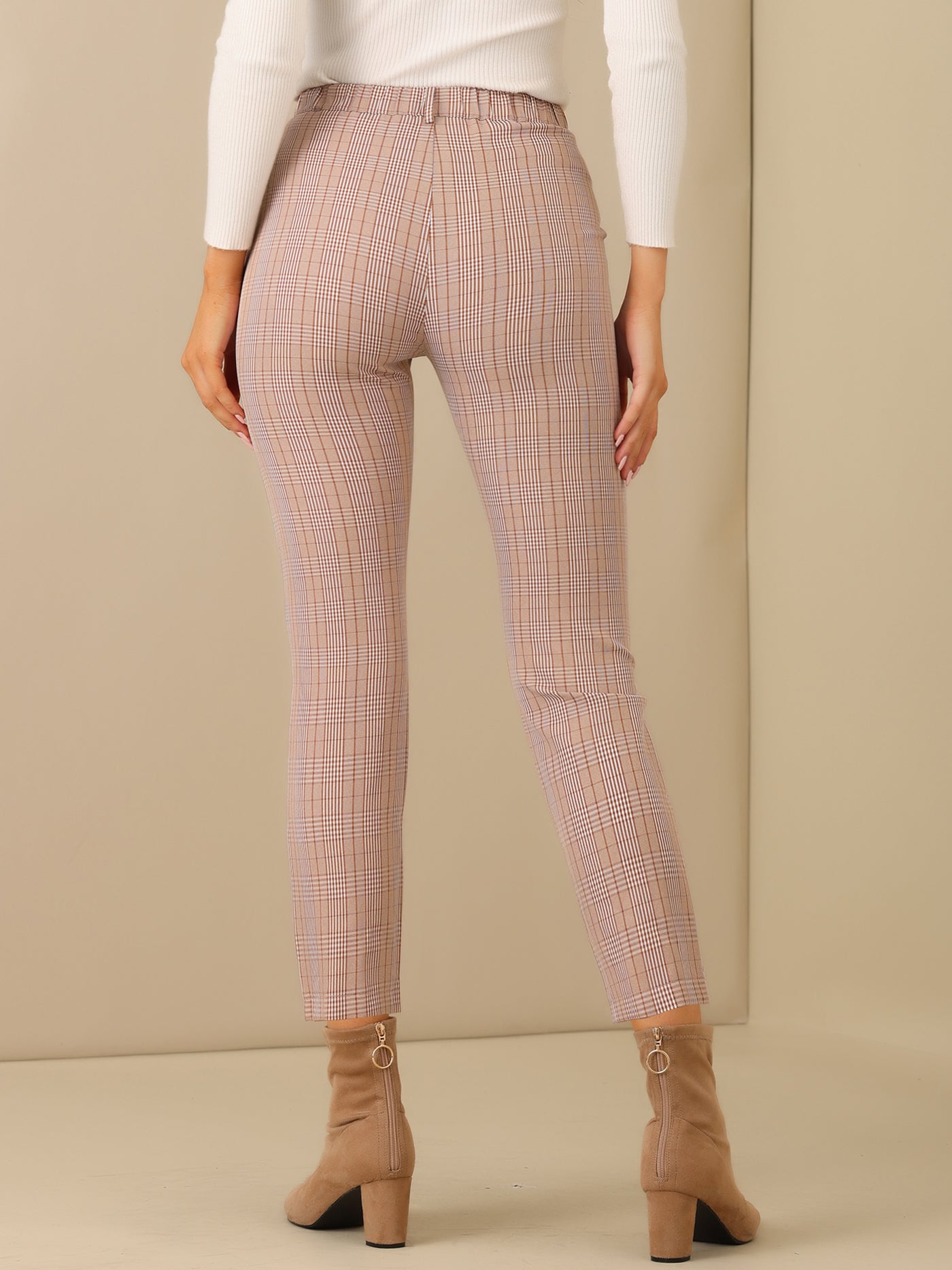 Allegra K Plaid High Waist Elastic Back Office Work Ankle Pants