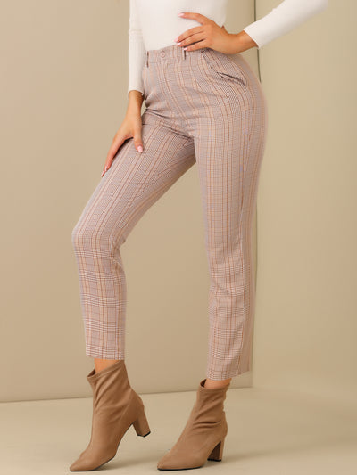 Plaid High Waist Elastic Back Office Work Ankle Pants