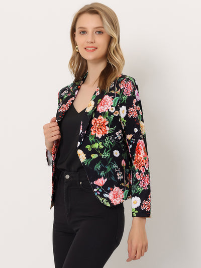 Open Front Floral Work Business Crop Blazer Jacket