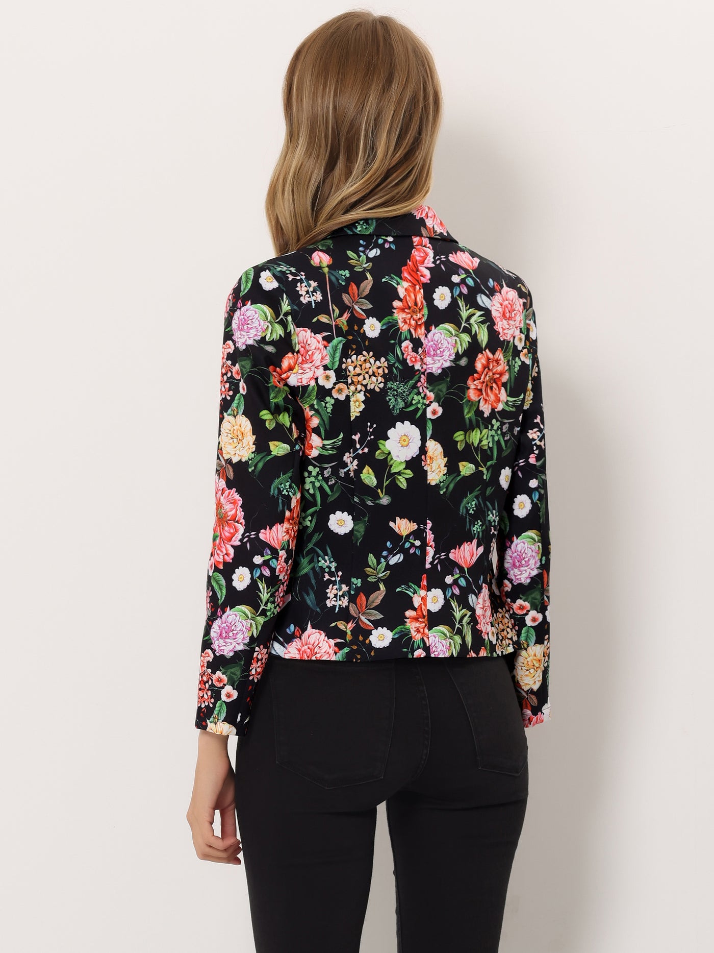 Allegra K Open Front Floral Work Business Crop Blazer Jacket