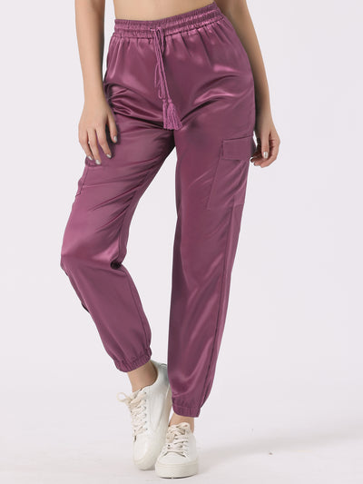 Women's Satin Joggers Drawstring Elastic High Waist Silky Satin Cargo Pants