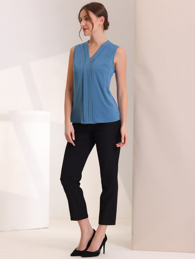 Elegant V Neck Pleated Solid Work Sleeveless Blouse