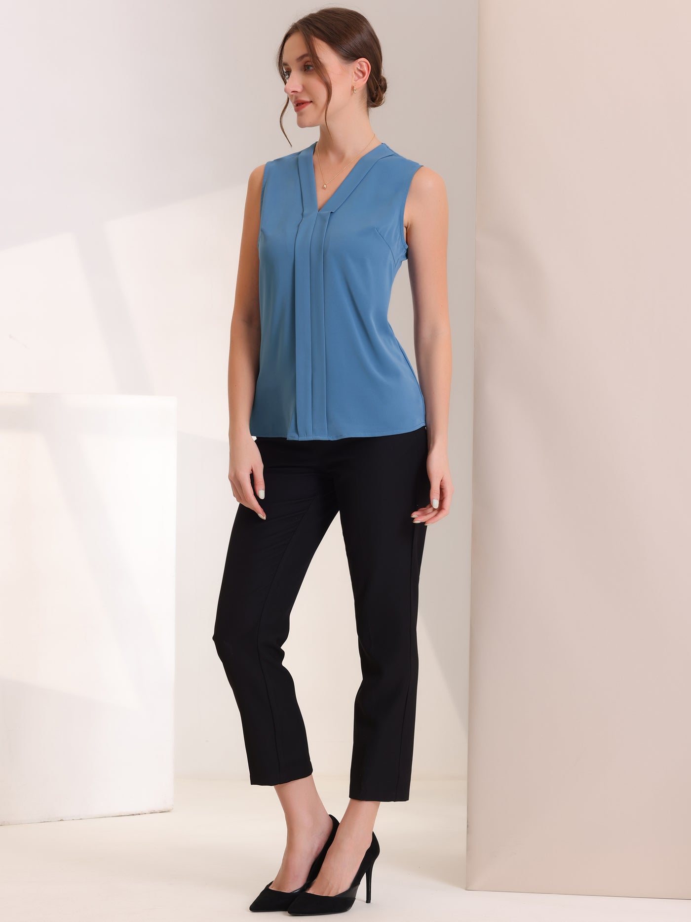 Allegra K Elegant V Neck Pleated Solid Work Sleeveless Blouse