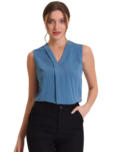 Elegant V Neck Pleated Solid Work Sleeveless Blouse